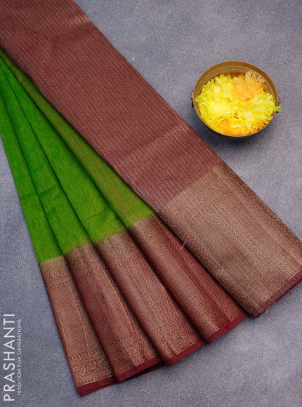 Banarasi semi matka saree light green and dark magenta pink with plain body and antique zari border