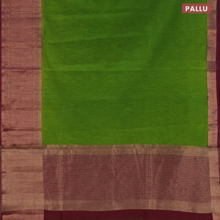 Banarasi semi matka saree light green and dark magenta pink with plain body and antique zari border