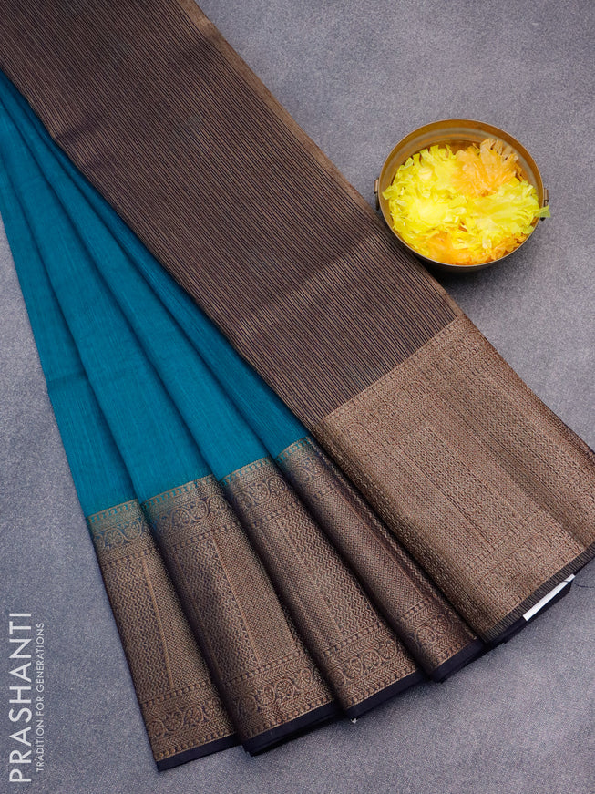 Banarasi semi matka saree teal blue and navy blue with plain body and antique zari border