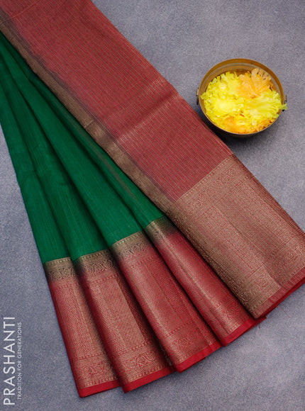 Banarasi semi matka saree green and dark magenta pink with plain body and antique zari border