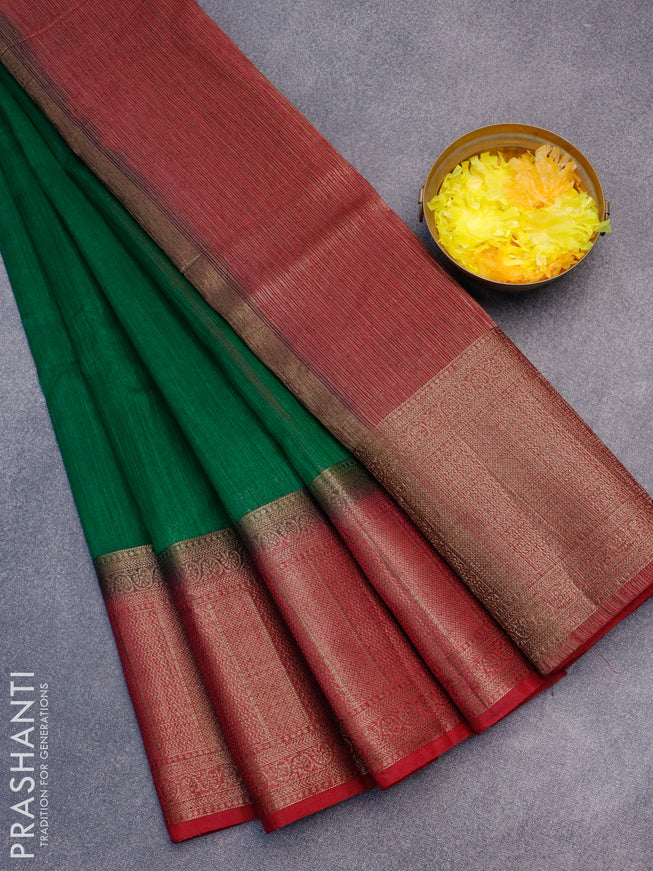 Banarasi semi matka saree green and dark magenta pink with plain body and antique zari border