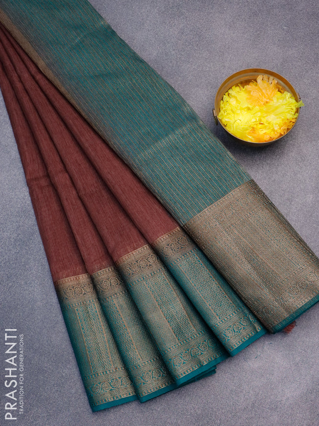 Banarasi semi matka saree brown and teal green with plain body and antique zari border