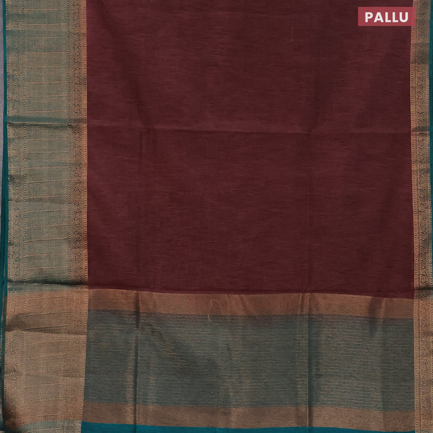 Banarasi semi matka saree brown and teal green with plain body and antique zari border