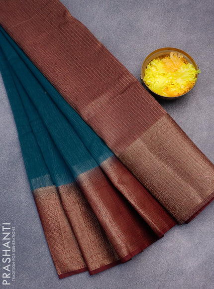 Banarasi semi matka saree peacock blue and dark magenta pink with plain body and antique zari border