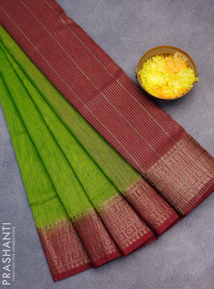 Banarasi semi matka saree light green and dark magenta pink with plain body and antique zari border