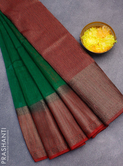 Banarasi semi matka saree green and maroon with plain body and antique zari border