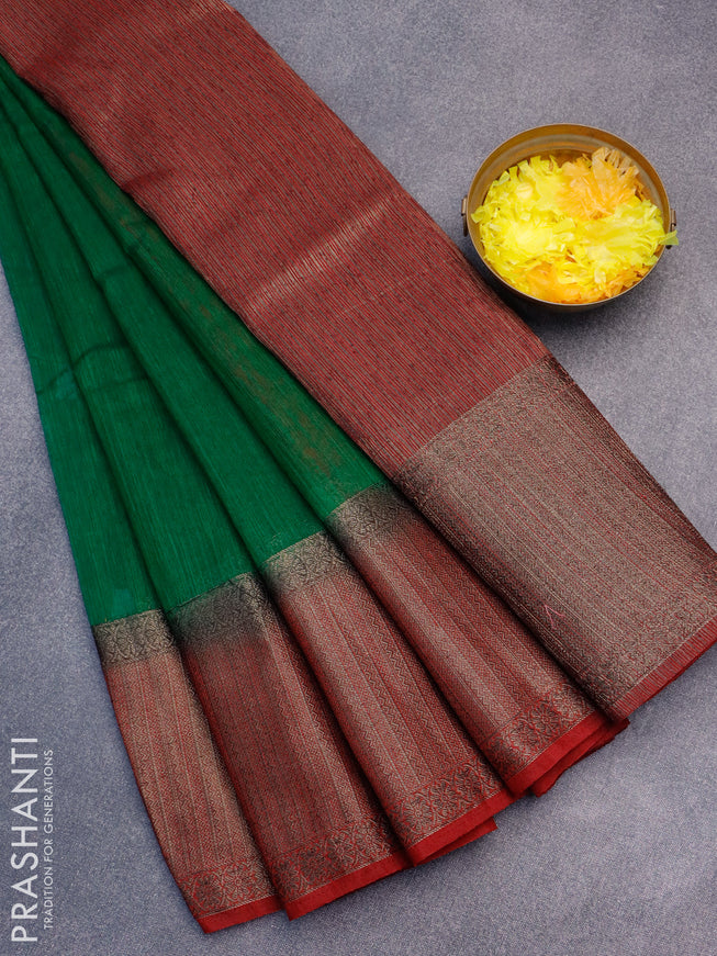 Banarasi semi matka saree green and maroon with plain body and antique zari border