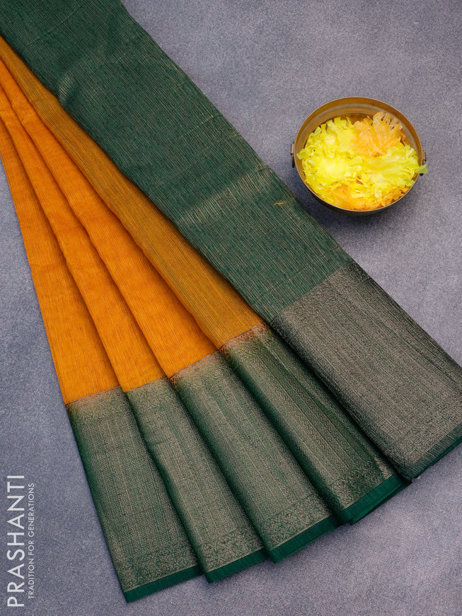 Banarasi semi matka saree mango yellow and green with plain body and antique zari border