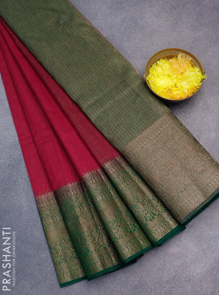 Banarasi semi matka saree red and green with plain body and long antique zari border