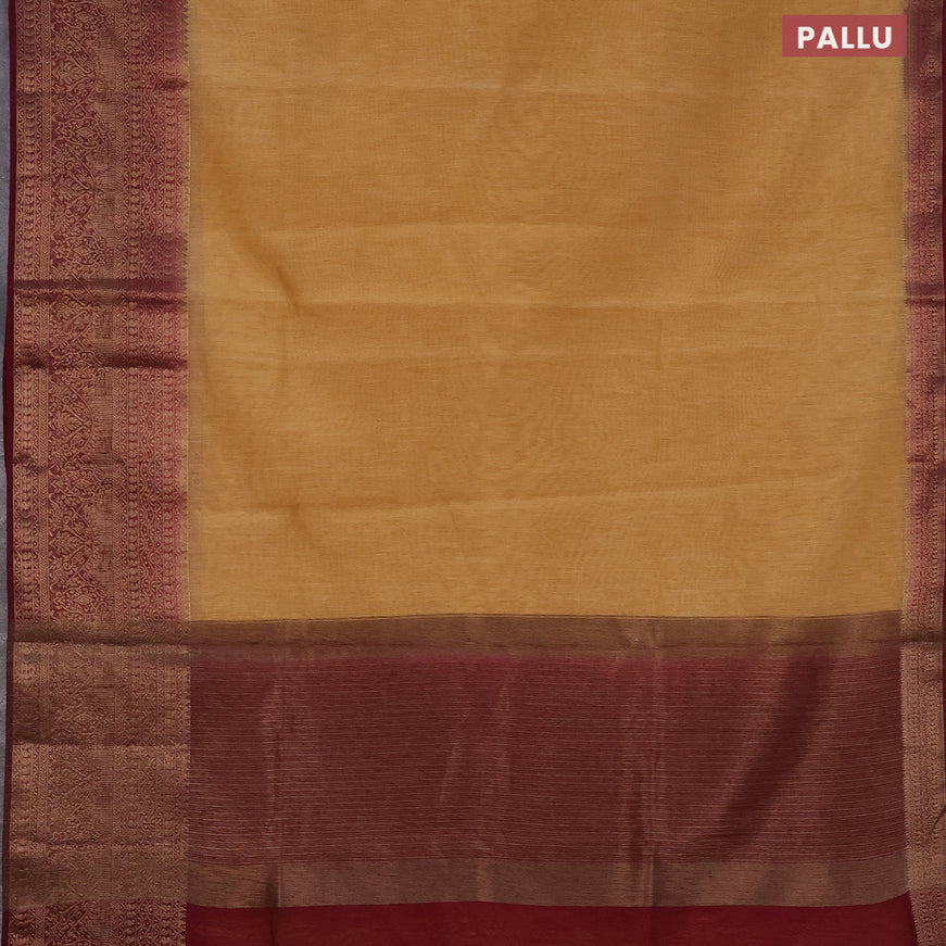 Banarasi semi matka saree sandal and maroon with plain body and long antique zari border