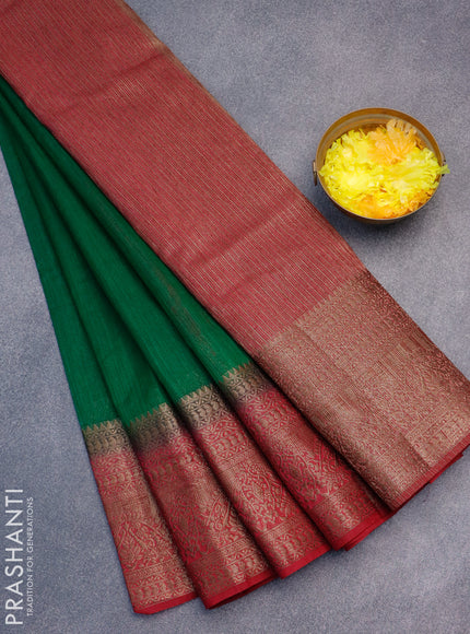 Banarasi semi matka saree green and pink with plain body and long antique zari border