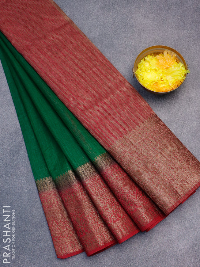 Banarasi semi matka saree green and pink with plain body and long antique zari border