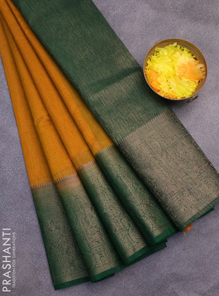 Banarasi semi matka saree mustard yellow and green with plain body and antique zari border