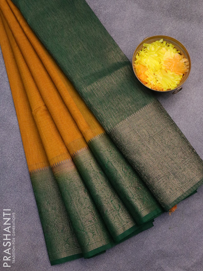 Banarasi semi matka saree mustard yellow and green with plain body and antique zari border