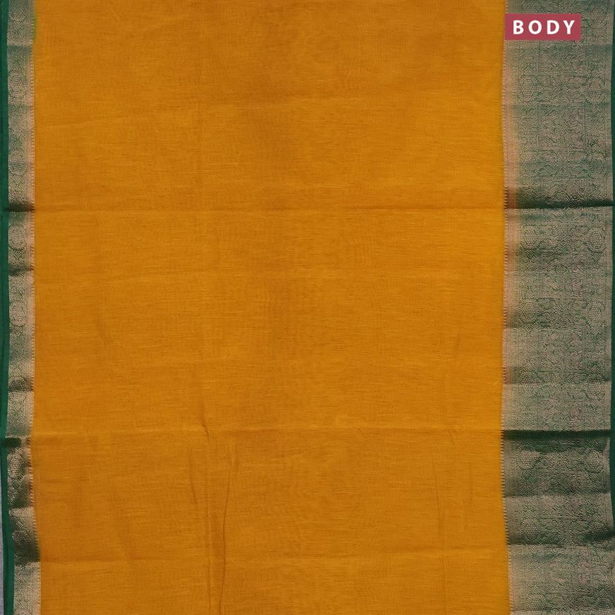 Banarasi semi matka saree mustard yellow and green with plain body and antique zari border