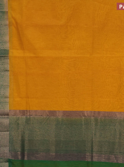 Banarasi semi matka saree mustard yellow and green with plain body and antique zari border