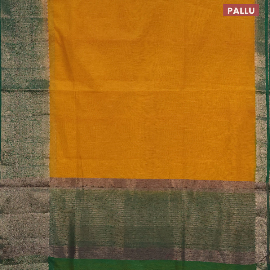 Banarasi semi matka saree mustard yellow and green with plain body and antique zari border