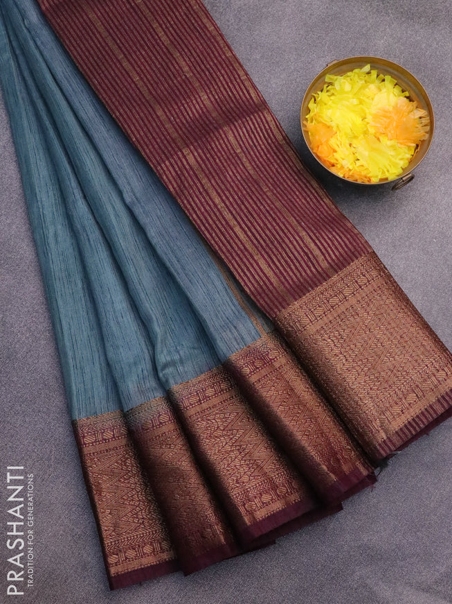 Banarasi semi matka saree pastel blue shade and purple with plain body and antique zari border