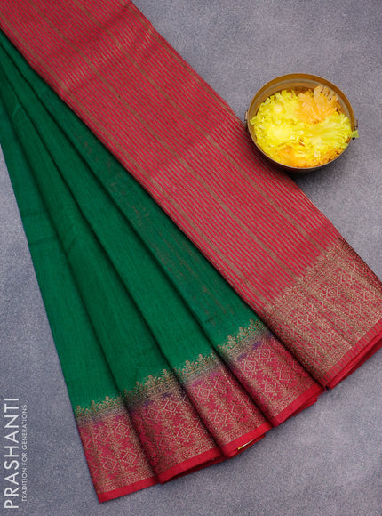 Banarasi semi matka saree green and pink with plain body and antique zari border