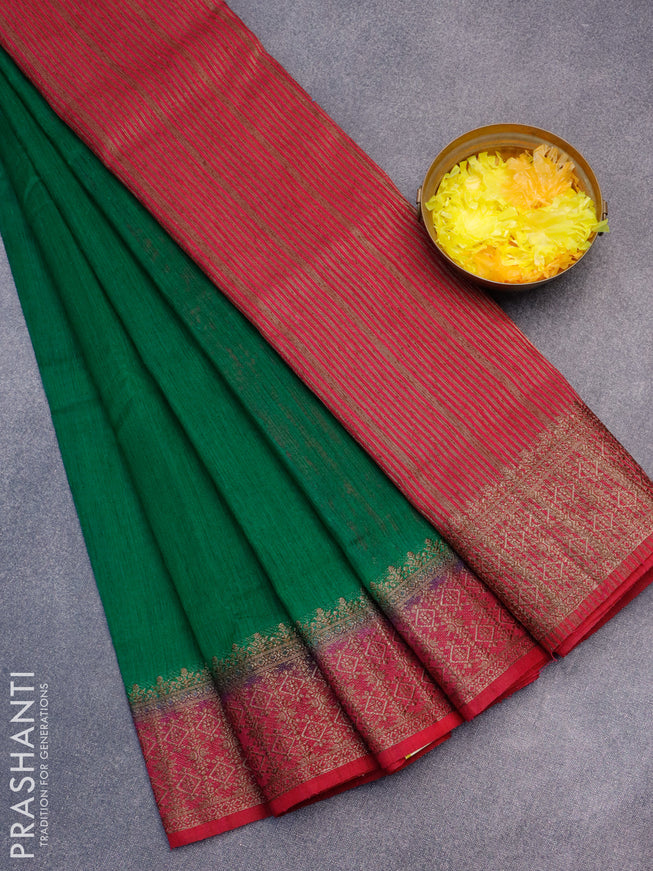 Banarasi semi matka saree green and pink with plain body and antique zari border