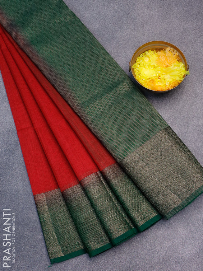 Banarasi semi matka saree kumkum red and green with plain body and antique zari border