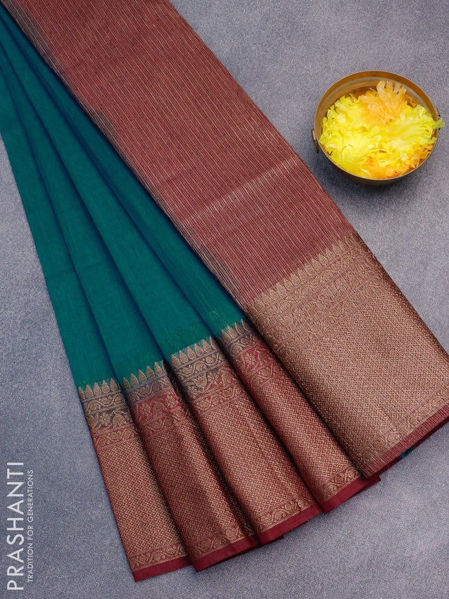 Banarasi semi matka saree teal blue and dark magenta pink with plain body and antique zari border