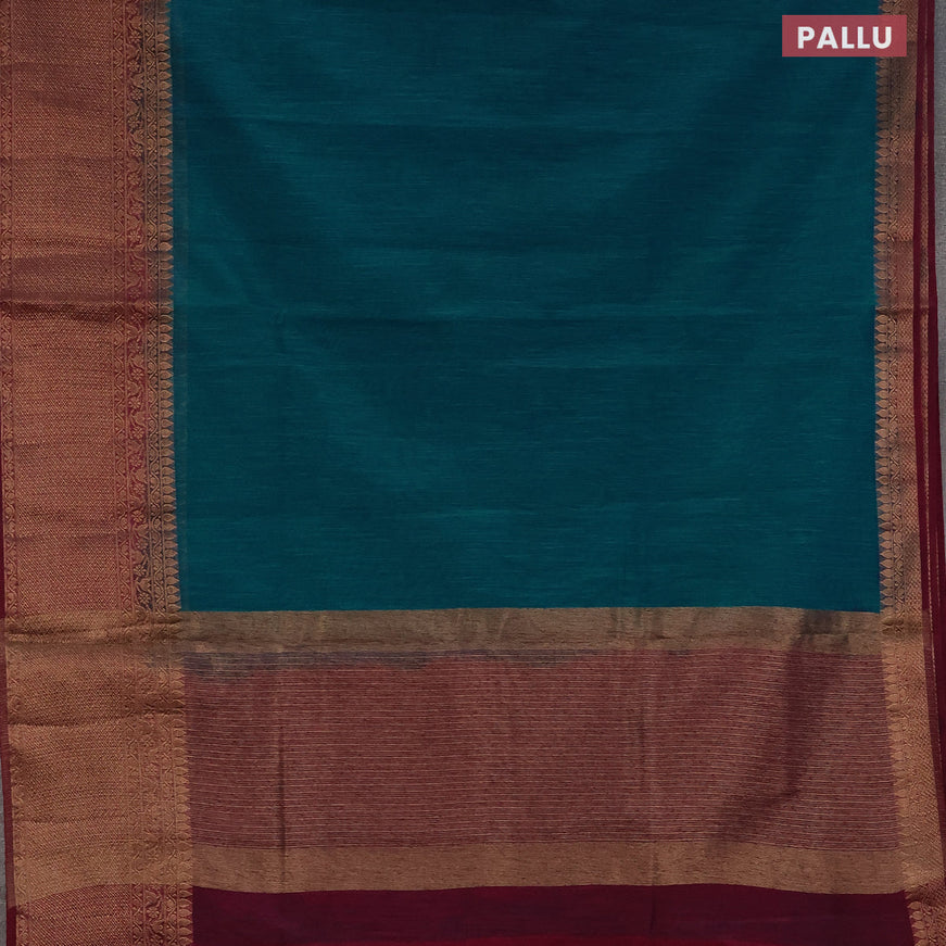 Banarasi semi matka saree teal blue and dark magenta pink with plain body and antique zari border