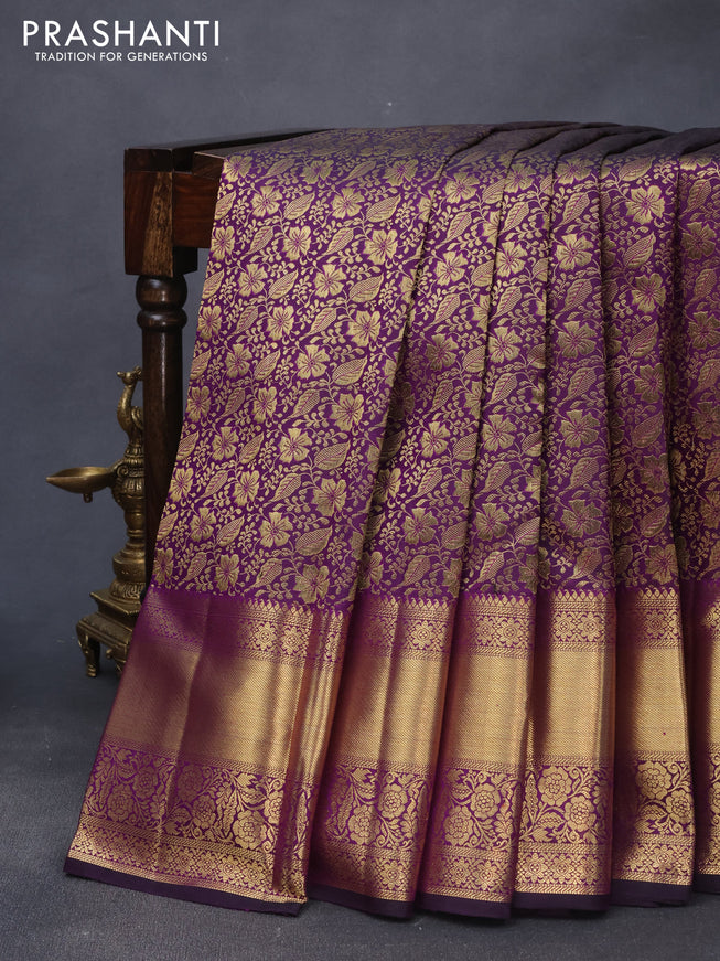 Pure kanjivaram silk saree deep violet with allover zari woven brocade weaves and long zari woven border