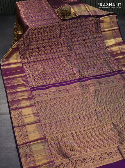 Pure kanjivaram silk saree deep violet with allover zari woven brocade weaves and long zari woven border