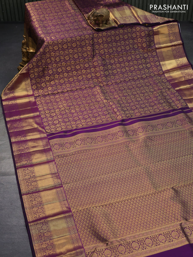 Pure kanjivaram silk saree deep violet with allover zari woven brocade weaves and long zari woven border