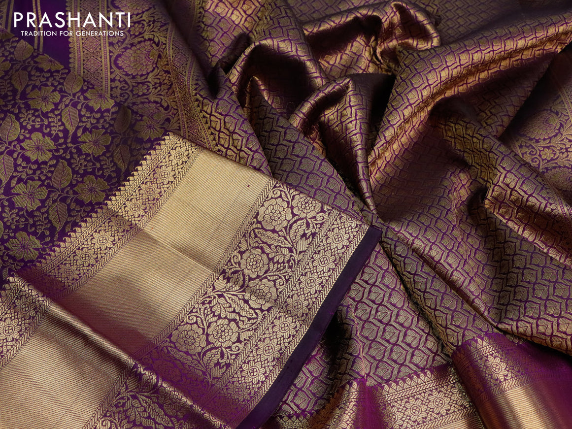 Pure kanjivaram silk saree deep violet with allover zari woven brocade weaves and long zari woven border