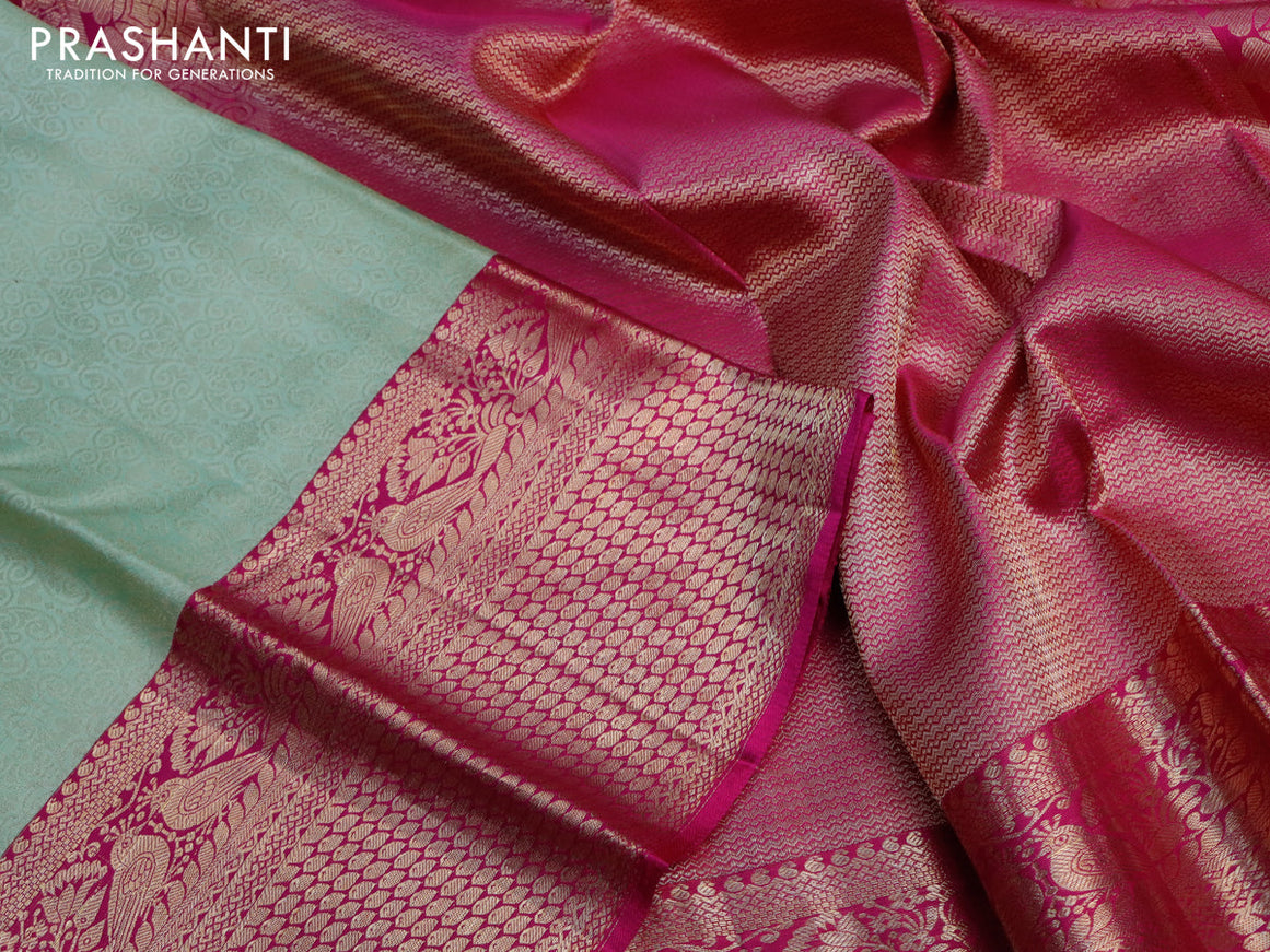 Pure kanjivaram silk saree pista green and pink with allover silver zari woven brocade weaves and long zari woven border