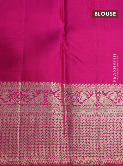 Pure kanjivaram silk saree pista green and pink with allover silver zari woven brocade weaves and long zari woven border