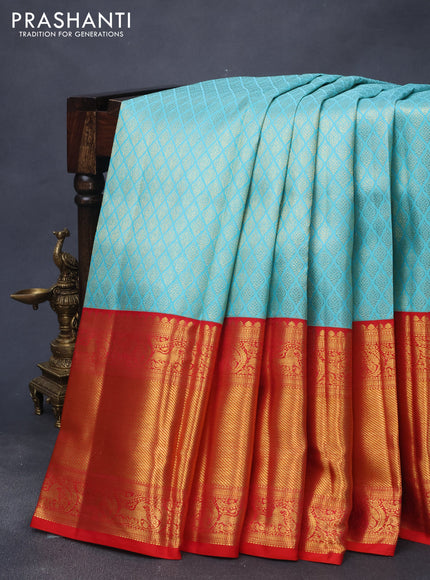 Pure kanjivaram silk saree light blue and red with allover zari woven brocade weaves and long zari woven border