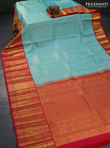 Pure kanjivaram silk saree light blue and red with allover zari woven brocade weaves and long zari woven border