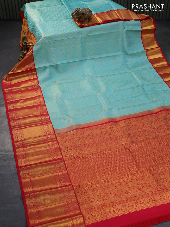 Pure kanjivaram silk saree light blue and red with allover zari woven brocade weaves and long zari woven border