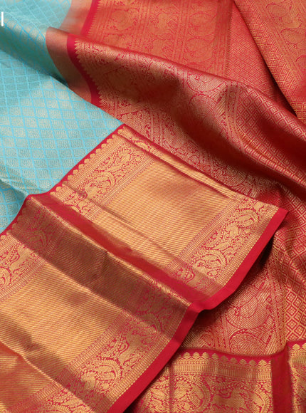 Pure kanjivaram silk saree light blue and red with allover zari woven brocade weaves and long zari woven border