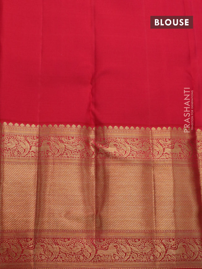 Pure kanjivaram silk saree light blue and red with allover zari woven brocade weaves and long zari woven border