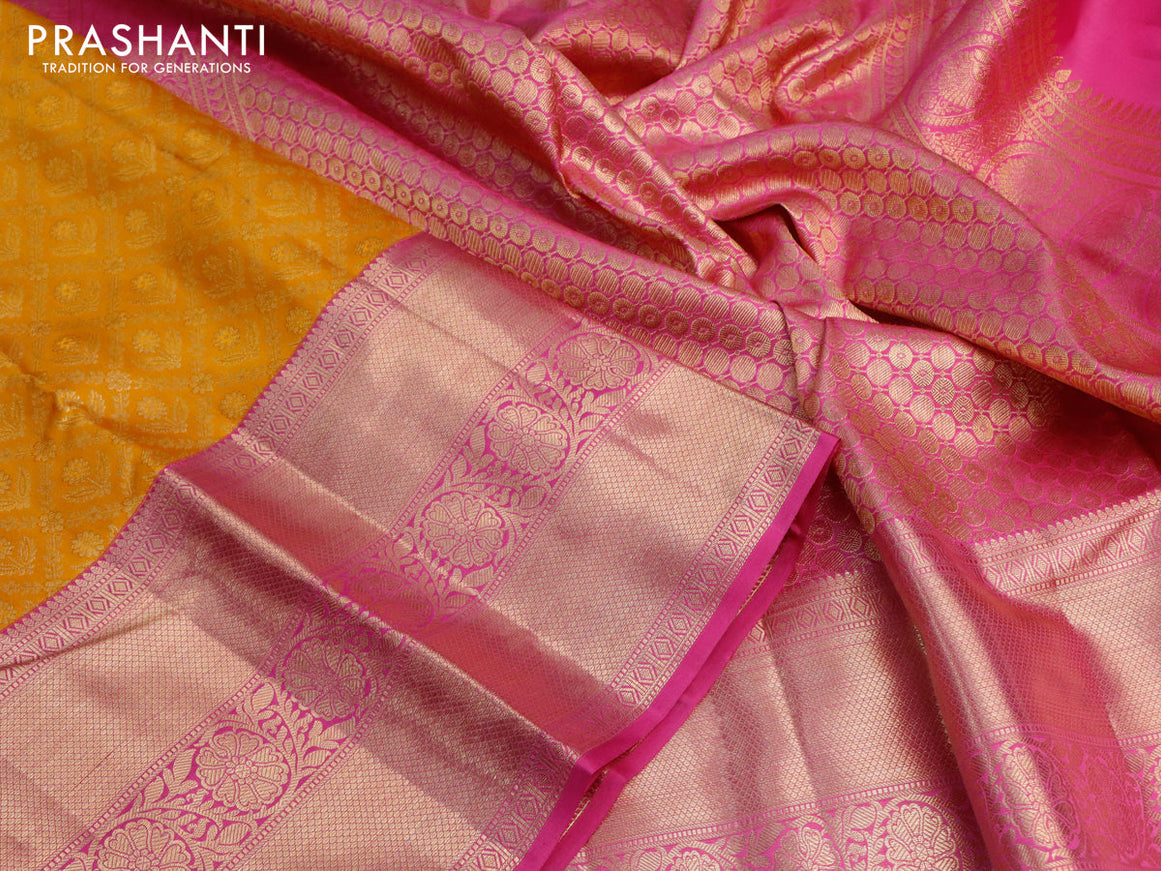 Pure kanjivaram silk saree mustard yellow and pink with allover zari woven brocade weaves and long zari woven border