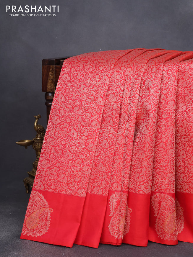 Pure kanjivaram silk saree dark pink with allover thread woven brocade weaves and zari woven paisley butta border