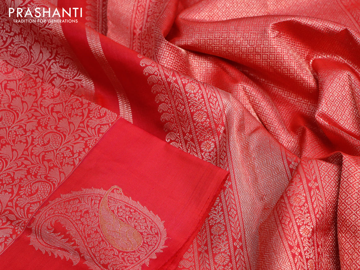 Pure kanjivaram silk saree dark pink with allover thread woven brocade weaves and zari woven paisley butta border