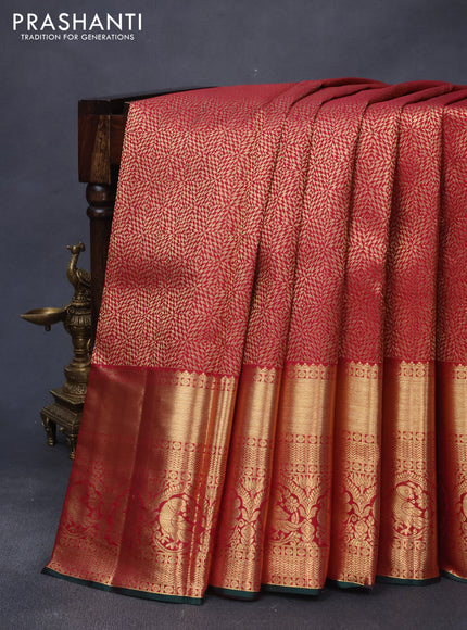 Pure kanjivaram silk saree dark pink and green with allover zari woven brocade weaves and long zari woven border