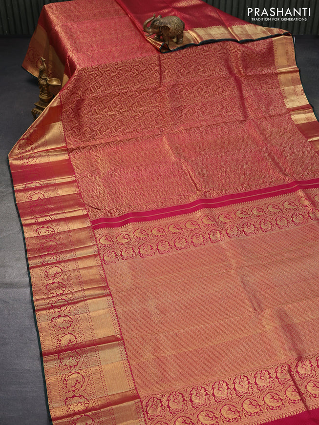 Pure kanjivaram silk saree dark pink and green with allover zari woven brocade weaves and long zari woven border