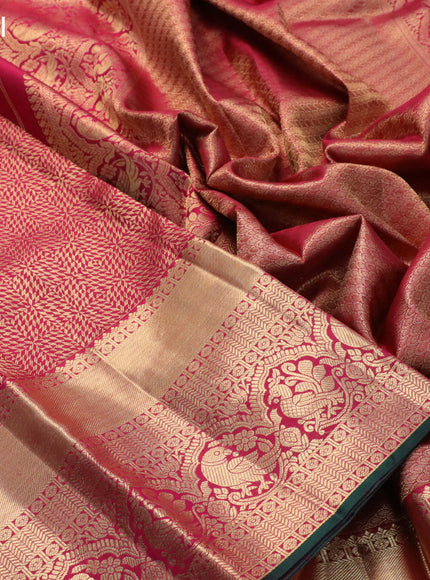 Pure kanjivaram silk saree dark pink and green with allover zari woven brocade weaves and long zari woven border