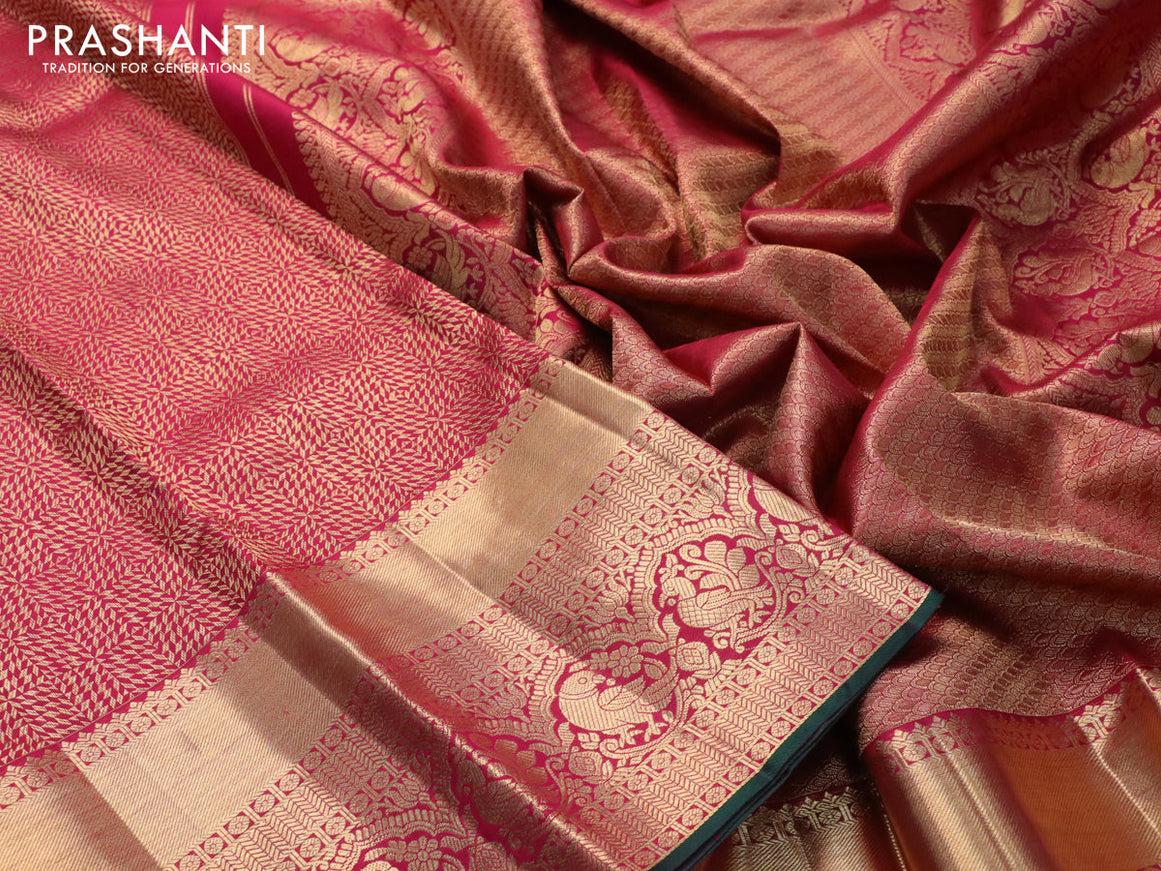 Pure kanjivaram silk saree dark pink and green with allover zari woven brocade weaves and long zari woven border