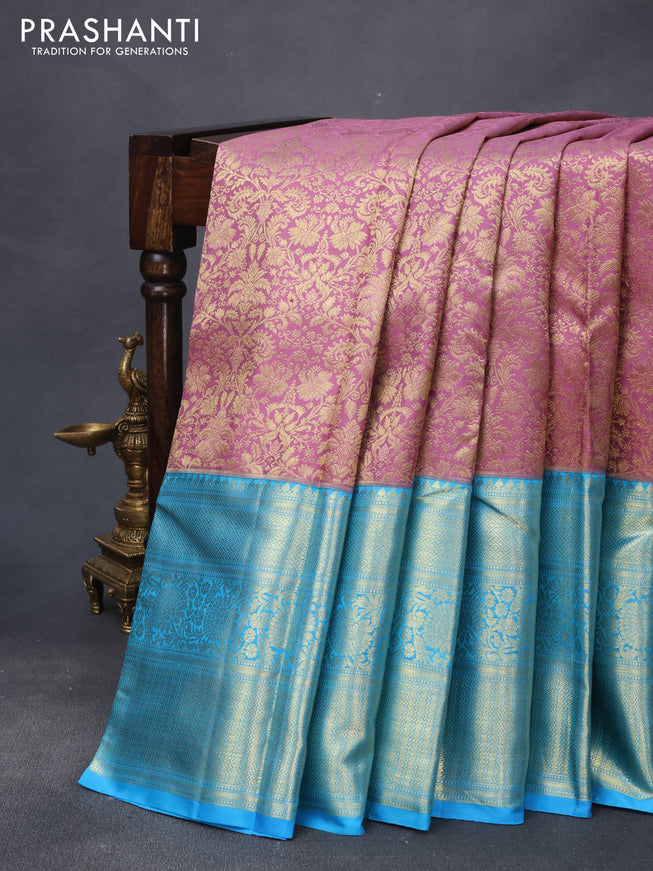 Pure kanjivaram silk saree mild purple and cs blue with allover zari woven brocade weaves and long zari woven border