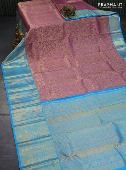 Pure kanjivaram silk saree mild purple and cs blue with allover zari woven brocade weaves and long zari woven border