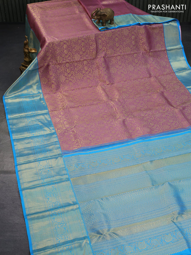 Pure kanjivaram silk saree mild purple and cs blue with allover zari woven brocade weaves and long zari woven border