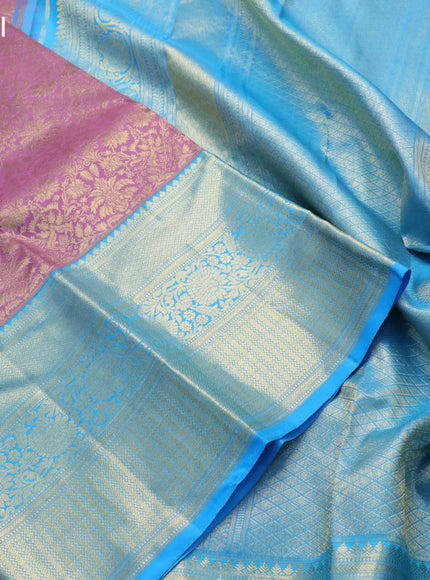 Pure kanjivaram silk saree mild purple and cs blue with allover zari woven brocade weaves and long zari woven border