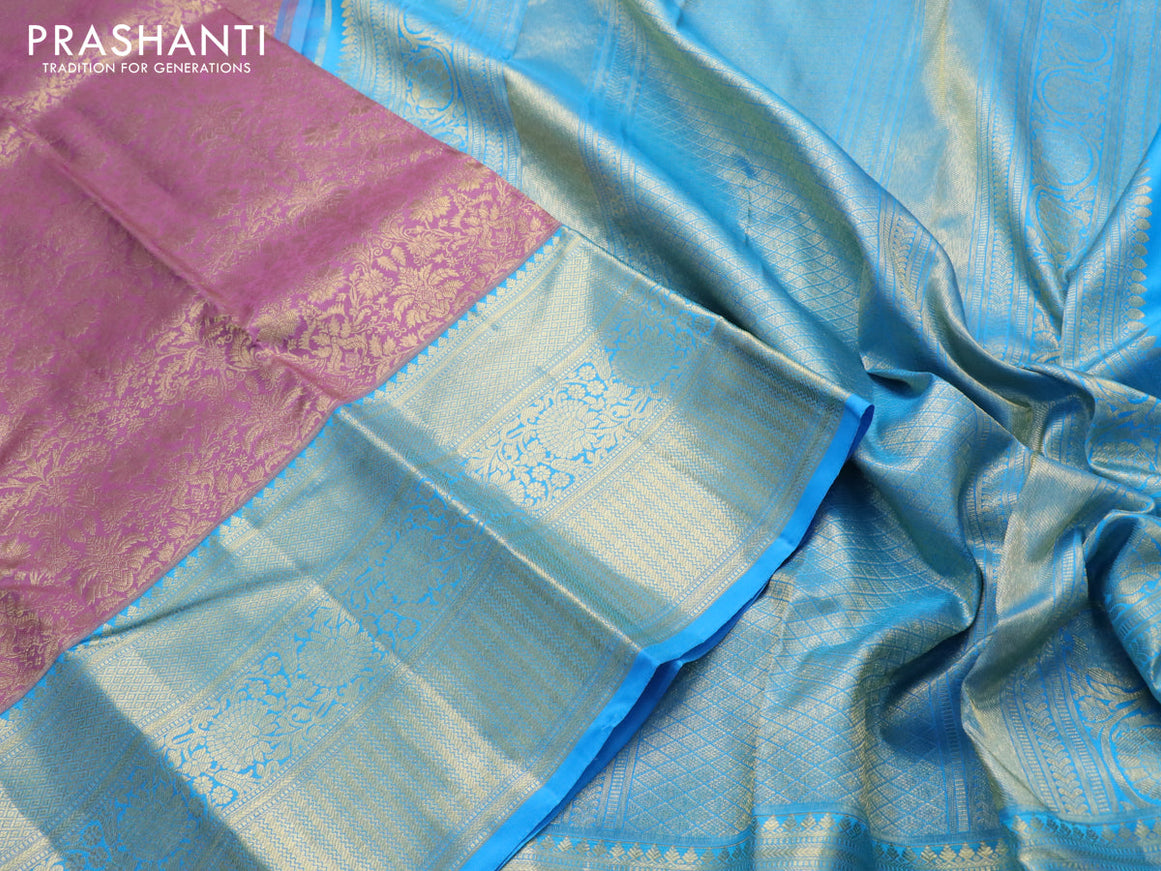 Pure kanjivaram silk saree mild purple and cs blue with allover zari woven brocade weaves and long zari woven border